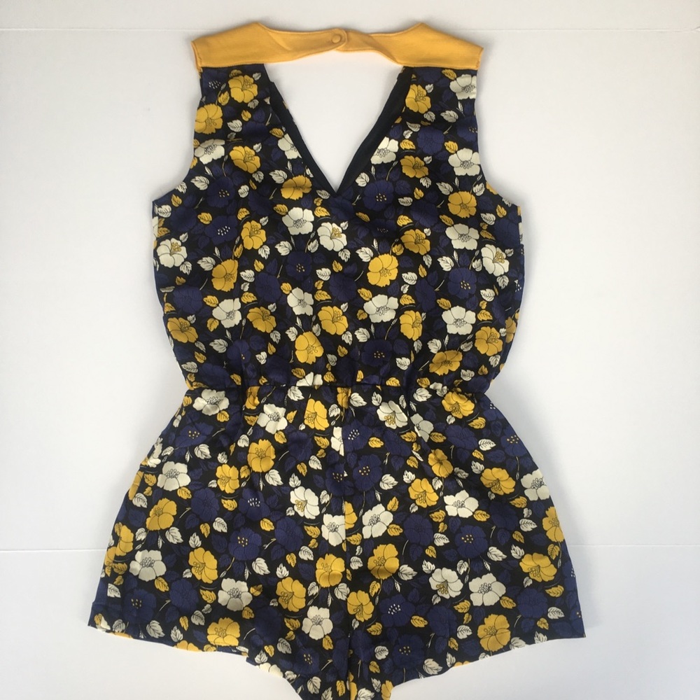 Navy Yellow Floral Romper Small Or Medium Keyhole Back New